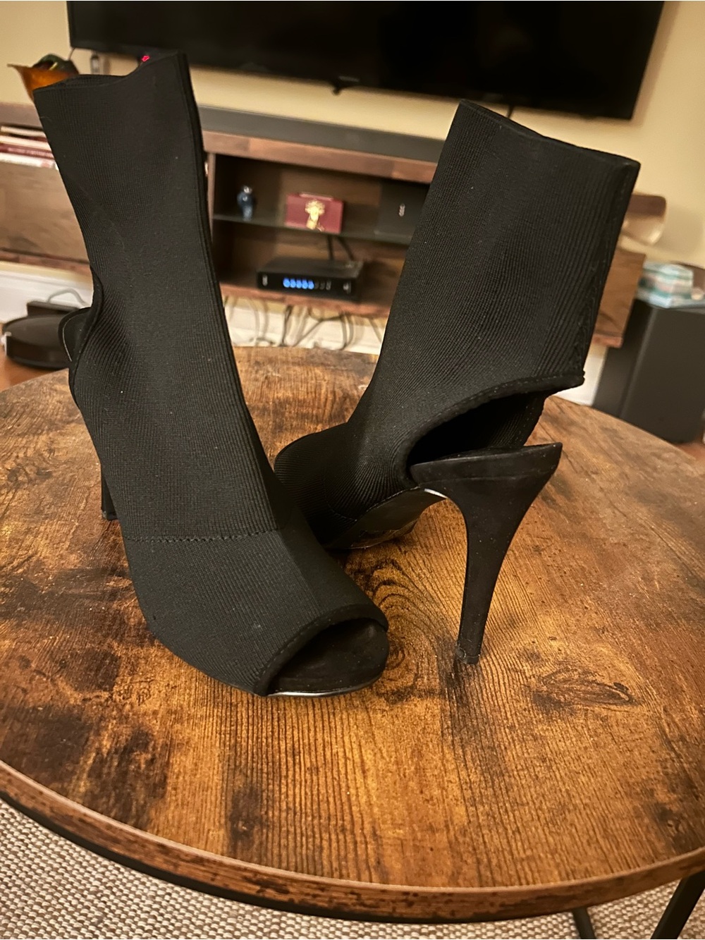 Madden Girl Black Peep-Toe Stiletto Sock Boots - Picture 1 of 1